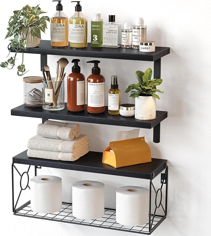 Amada Bathroom Shelves with Storage Basket, Set of 3, Black | Floating Wall Shelf for Home Organization & Wall Decor, 22 lbs Capacity per Shelf, Solid Paulownia Wood, DIY-Friendly Design