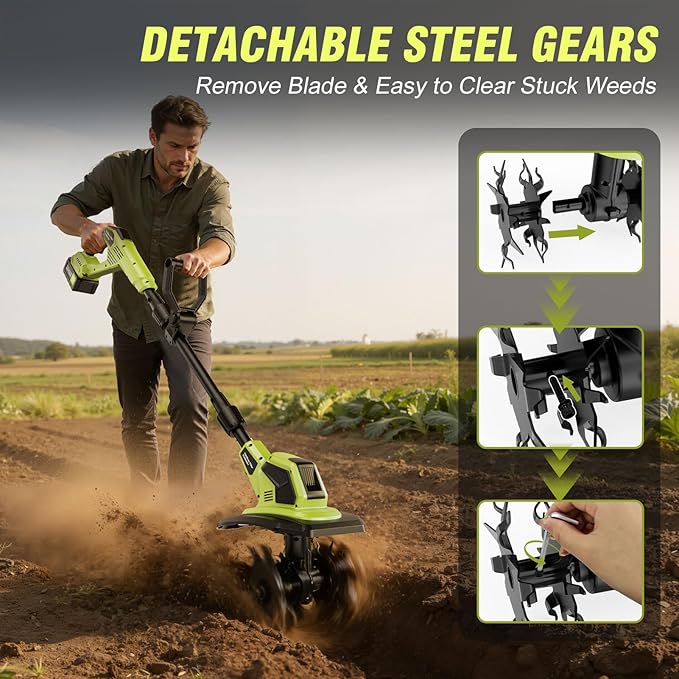 Cordless Tiller Cultivator, 21V Lightweight Tiller for Gardening with 2 * Batteries, Brushless Electric Tiller with 48 Steel Tines, 400RPM, 9.5" Tilling Width, 7" Depth for Gardening、Soil Turning