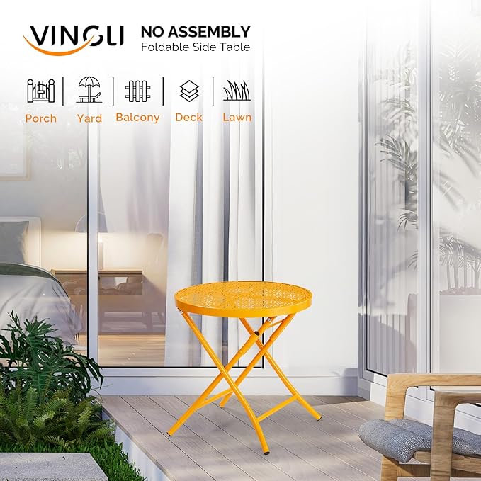 VINGLI Outdoor Folding Side Table with Chic Hollow Pattern and Durable, Rust-Resistant Coated Iron Patio Bistro Table Suitable for Indoor & Outdoor Porch, Deck, Balcony and Pool,Yellow