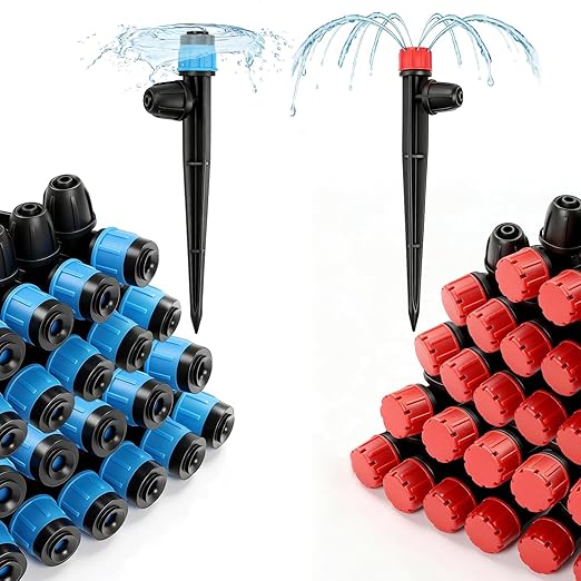50pcs Drip Emitters with Stake for 1/4" Irrigation Tubing, Adjustable 360 Degree Water Flow Irrigation Vortex Sprayers & Stream Emitters On 5" Stake Garden Irrigation Dripper System