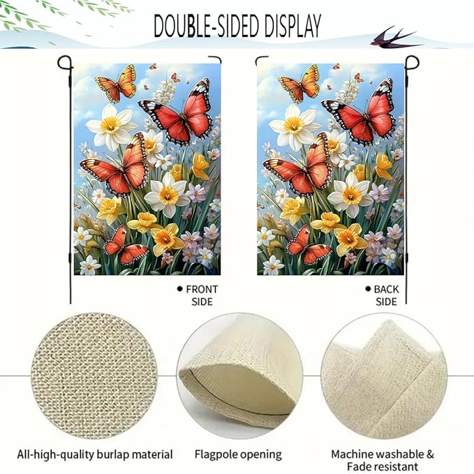 Spring Summer Garden Flag 12x18 Double Sided, Small Burlap Outdoor Butterfly Flowers Yard Lawn Porch Flags Spring Summer Decorations for Outside