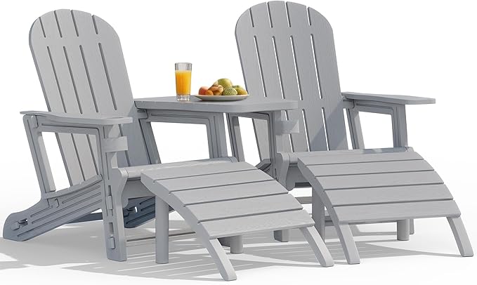 Vongrasig Adirondack Chairs Set of 2 with Removable Tabletop and Footrest, HDPE Plastic Outdoor Chair Set with Wooden Textured, Cup Holder for Patio, Poolside, Garden, Light Grey, 5 Pieces