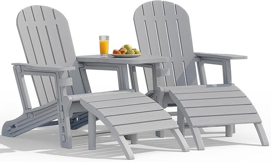 Vongrasig Adirondack Chairs Set of 2 with Removable Tabletop and Footrest, HDPE Plastic Outdoor Chair Set with Wooden Textured, Cup Holder for Patio, Poolside, Garden, Light Grey, 5 Pieces