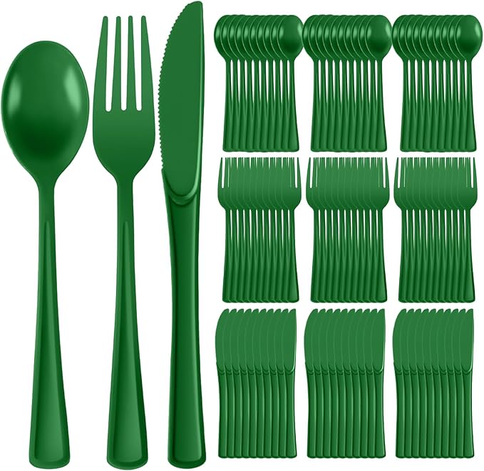 Plastic Silverware 150 PCS Disposable Silverware Heavy Duty Utensil Sets 50 Of Each Forks Knives & Spoons Disposable Cutlery Set For Easter,Birthday,Baby Shower,Garden Party,Wedding(150,Green)