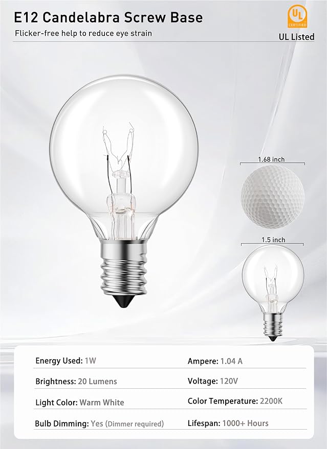 Brightown G40 Replacement Light Bulbs, 5W Clear Globe Bulb fits E12 C7 Candelabra Screw Base Sockets, 1.5 Inch Dimmable Light Bulbs for Indoor Outdoor Patio Decor, Pack of 50