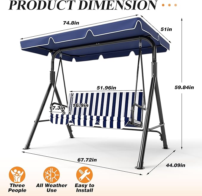 GARTOO 3-Seat Patio Swing Chair, Outdoor Porch Swing with Adjustable Canopy and Durable Steel Frame for Patio, Garden, Poolside(Nevy Blue)
