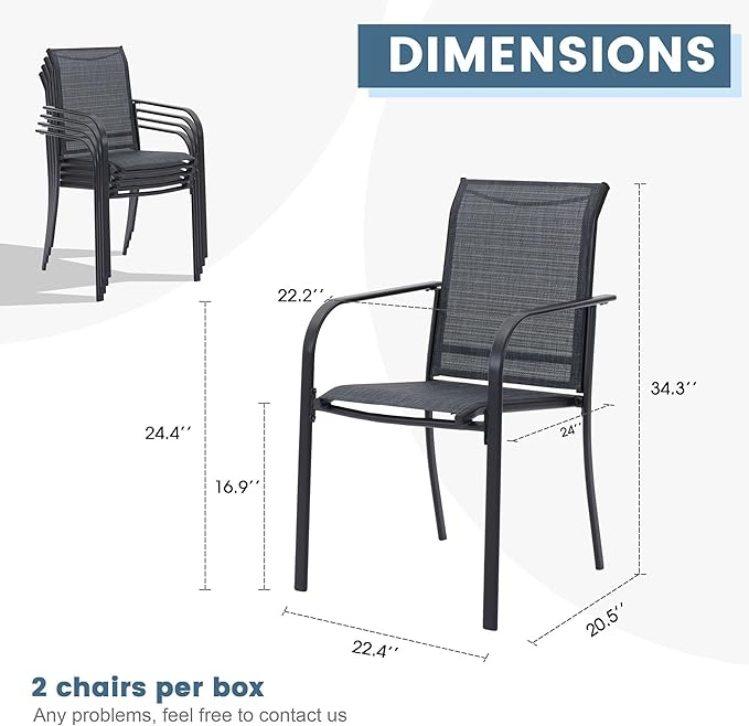 DIFY Patio Chairs Set of 2, Stackable Textilene Outdoor Dining Chairs with Metal Frame, All Weather Outdoor Chairs Set for Backyard Garden Deck Poolside, Dark Grey