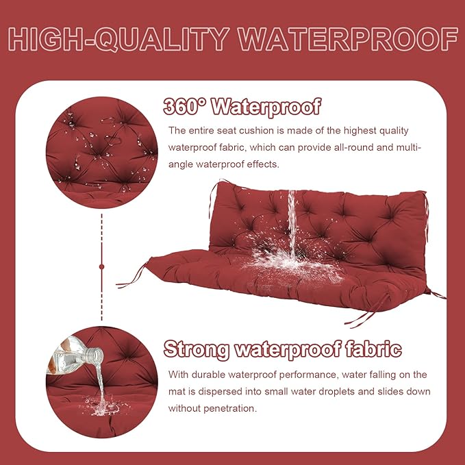 Premium 5" Thick Waterproof Porch Swing Cushions Sturdy Durable 2 Seat Replacement Outdoor Swing Cushions with Backrest&Ties Bench Cushion for Outdoor Furniture Backyard Patio Garden（Wine Red）