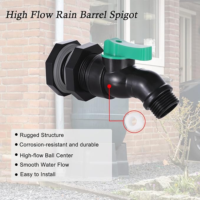 3/4" Rain Barrel Spigot Kit, High Flow Rain Barrel Drain Valve with Bulkhead Fitting, for Water Tanks, Aquariums, Rain Water Barrel