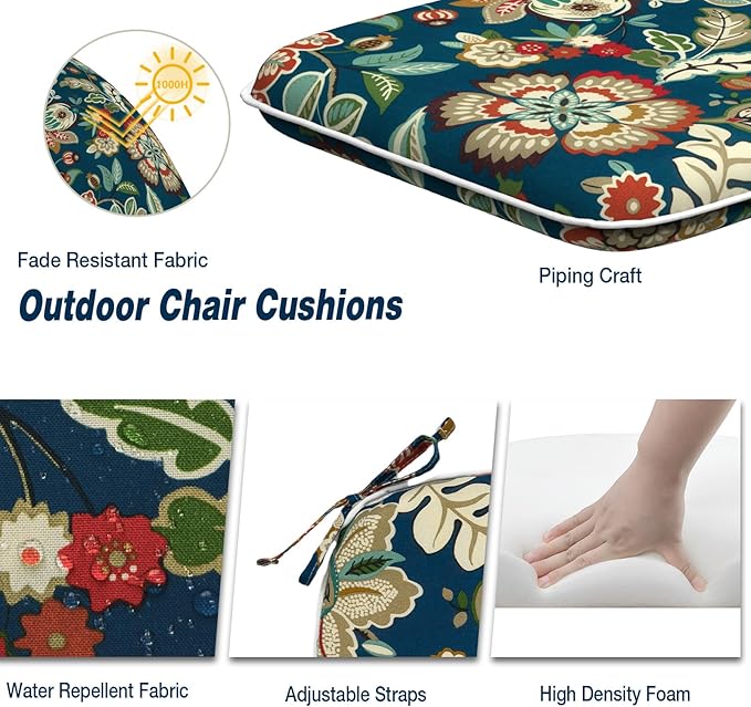 Outdoor Chair Cushions Set of 4, Water Resistant Patio Chair Pads with Ties, Seat Cushions for Home Garden Furniture Decoration, 16"x17",Peacock Blue
