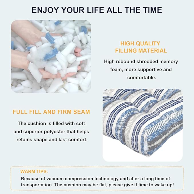 DYTXIII Set of 2 Outdoor Chair Cushions 19"x19"x4", Water Repellent Tufted Patio Seat Cushions with Ties, Thick Replacement Pads for Wicker Dining Chairs, Patio Furniture, Stripe Layered Blue