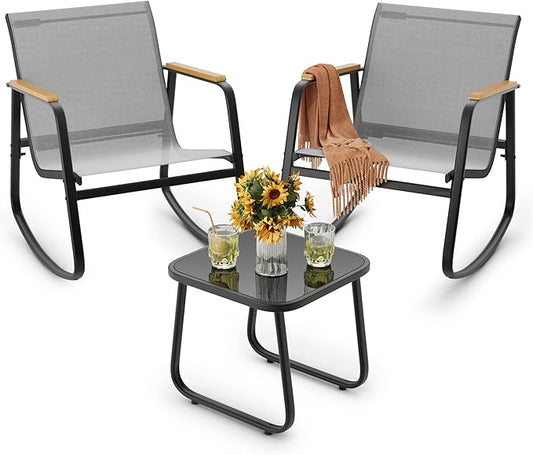 Ahomly 3 Pieces Patio Furniture Set, Outdoor Textilene Furniture Set with Wooden Armrests, Coffee Table with Tempered Glass Tabletop, Patio Chairs for Lawn, Balcony, Grey