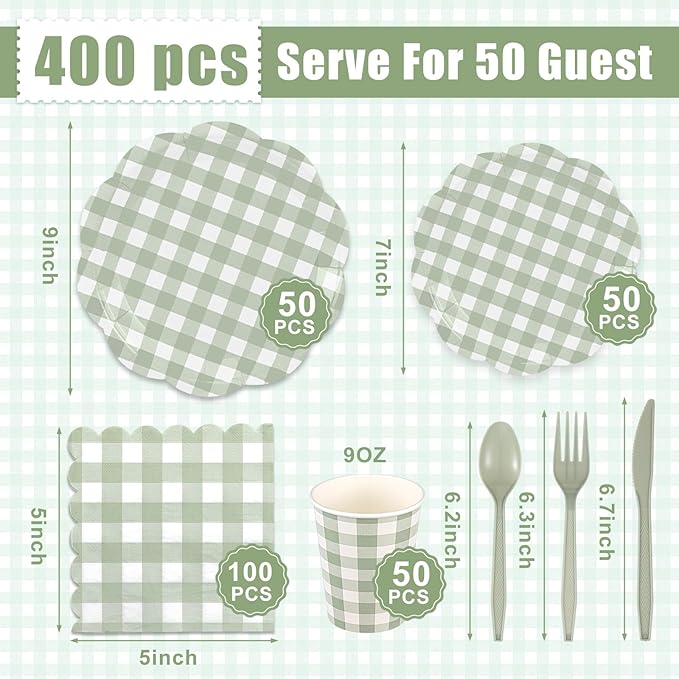 Funnymoom 400 Pcs Gingham Party Supplies for 50 Guests Green and White Paper Plates and Napkins Knives Spoons Forks Cups Disposable Checkered Dinner Party Set Cutlery for Baby Shower Wedding Favor