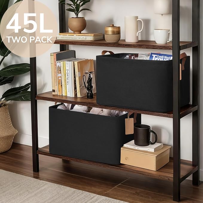 CHICVITA 45L Extra Large Fabric Storage Bins for Shelves, 2Pack, Black | 19" L x 13" W x 11" H Collapsible Storage Baskets for Toys & Blankets, Fits Nursery & Living Room Organization, Metal Frame
