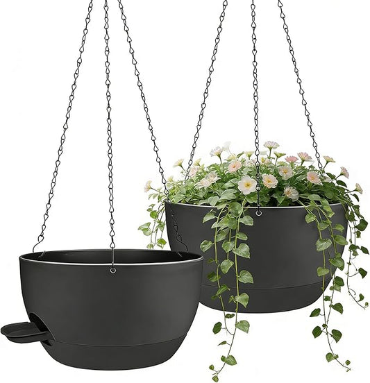 12 Inch Self Watering Hanging Planters 2 Pack, Indoor Outdoor Hanging Pots for Plants with Drainage Holes & Saucers, Black Plastic Hanging Baskets for Kitchen Balcony Garden