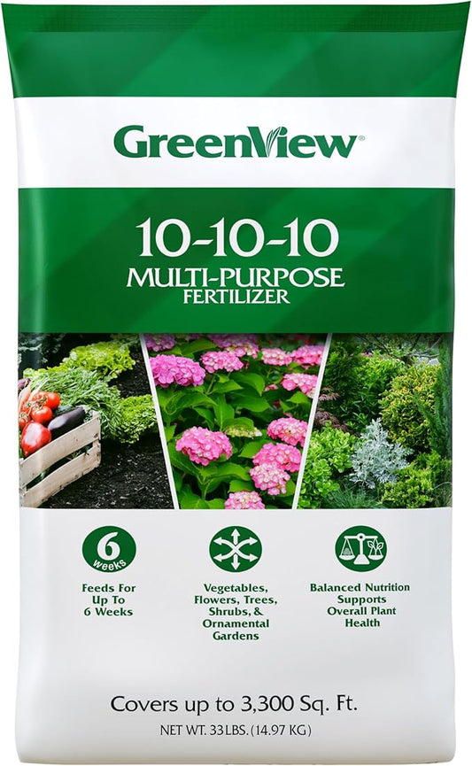 GreenView Multi-Purpose Fertilizer, NPK 10-10-10; 33 lb. Bag - Plant Food Feeds Vegetables, Flowers, Trees, Shrubs, and Ornamental Gardens for up to 6 Weeks - Covers up to 3,300 sq.ft.