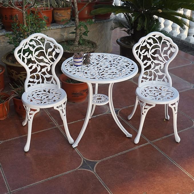 KAILI Patio Bistro Sets 3 Piece cast Aluminum Patio Furniture Outdoor Garden Metal Rust Proof Tables and Chairs White bisrto Set (Leaf-White)