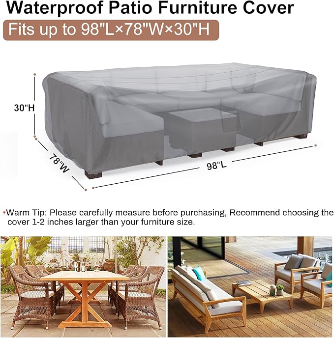 Mrrihand Heavy Duty Patio Furniture Covers, Outdoor Furniture Covers Waterproof Sectional Sofa Set, Patio Table and Chair Set Cover 98" L×78" W×30" H,Grey