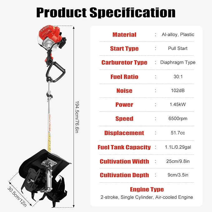 2 Stroke Tiller Cultivator, 51.7CC 6500RPM Garden Mini Tiller Rototiller Gas Powered Rotary Cultivator Handheld Single-Cylinder Rototiller Garden Tool with 1.1L Fuel Tank for Farm Loose Soil Weeding