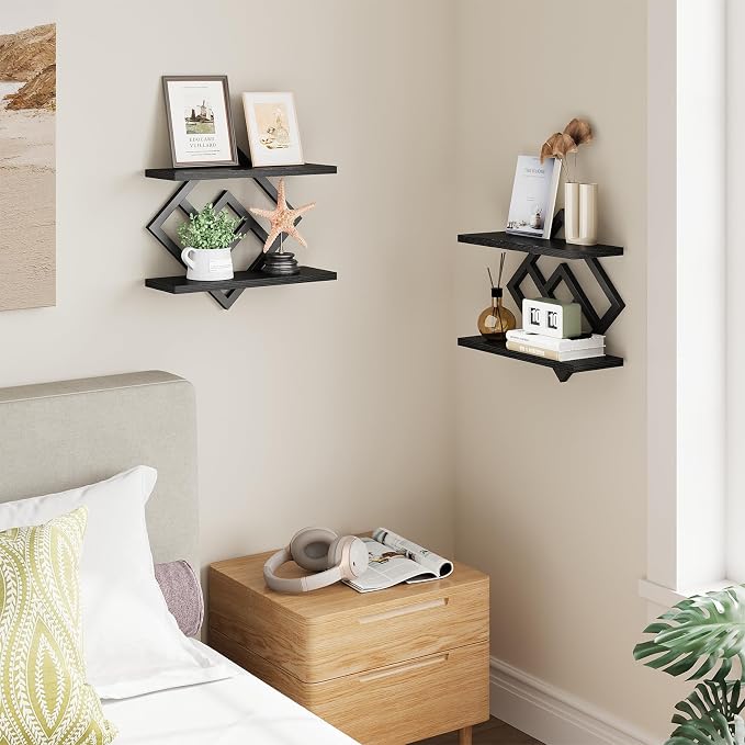 ELYKEN Floating Shelves for Wall, Set of 2 Hanging Shelves, Black