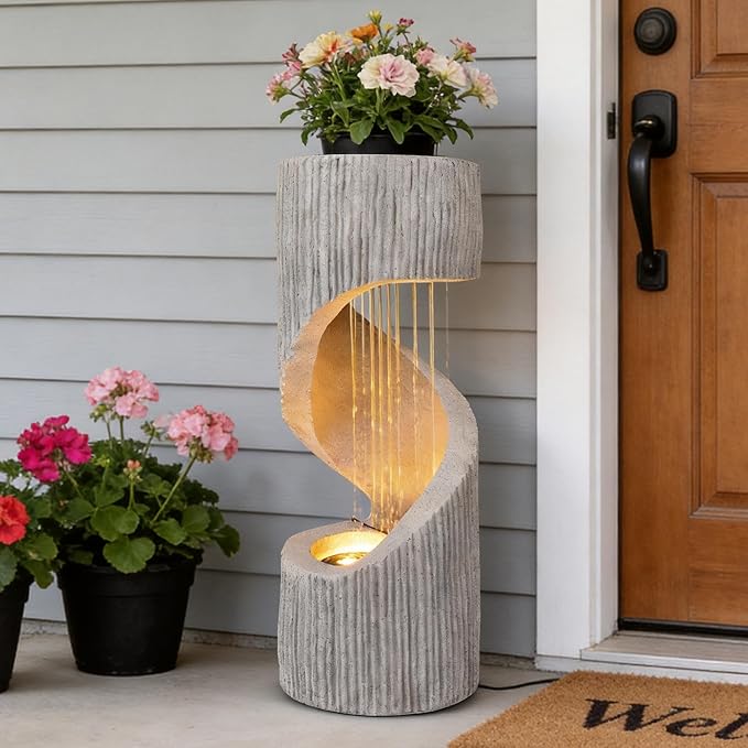 Modern S-Shaped Outdoor Fountain with LED Light, 40” Tall Spiral Column Waterfall Feature with Flat Top for Plant Display, Decorative Water Fountain for Garden, Patio