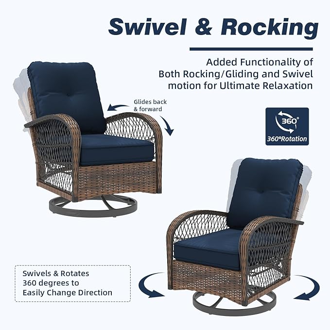 MELLCOM 3 Pieces Patio Furniture Set, Outdoor Swivel Rocker Patio Chairs, Wicker Patio Bistro Set with Rocking Chair, Thickened Cushions and Glass Coffee Table for Backyard, Garden, Navy Blue