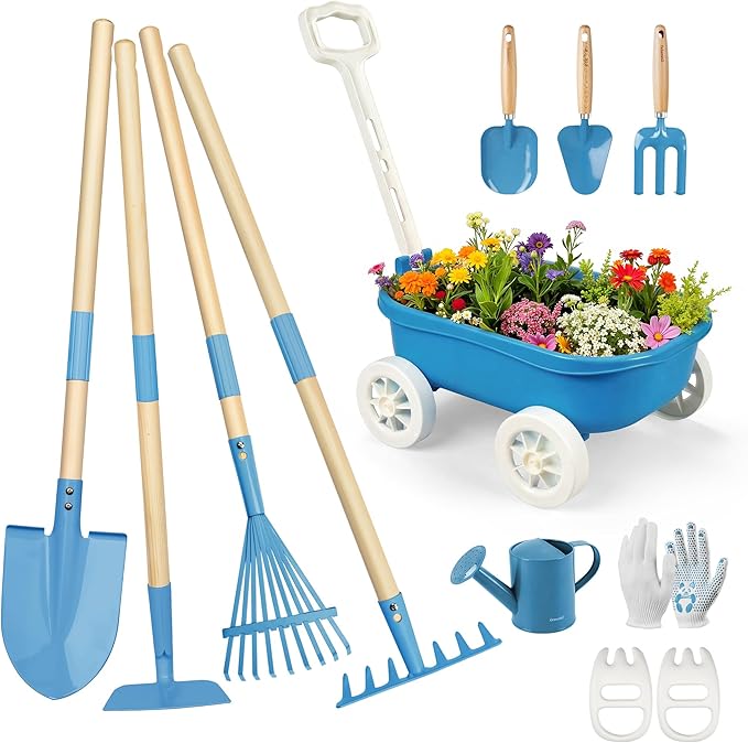 Grenebo Kids Gardening Set with Wheelbarrow, 11-Piece Outdoor Yard, Beach, STEM Garden Play Kit with Child-Sized Tools, Durable, Safe & Fun Gift Toy for Ages 2+ Kids Toddlers Boys Girls (Blue)