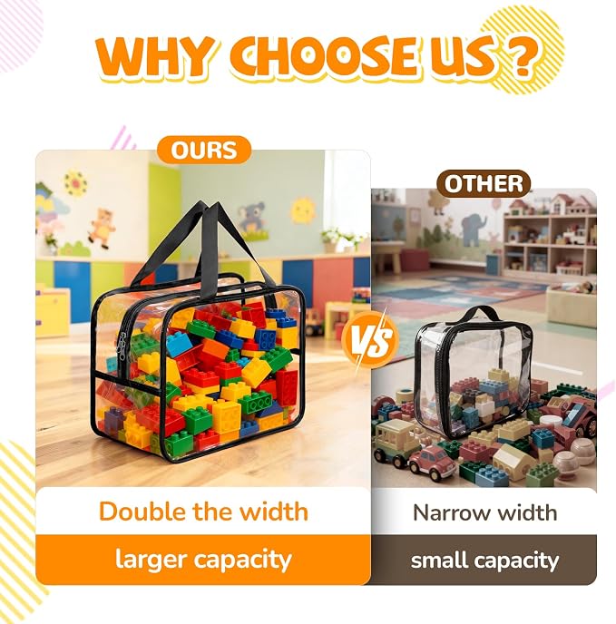 8 Packs Black Widen X-Large Toy Storage Bags 12.6×9.25×6.9In with Labels, Reusable Clear PVC Board Game Storage, Travel Waterproof Organizer Bags with Zipper for Building Blocks, Puzzle