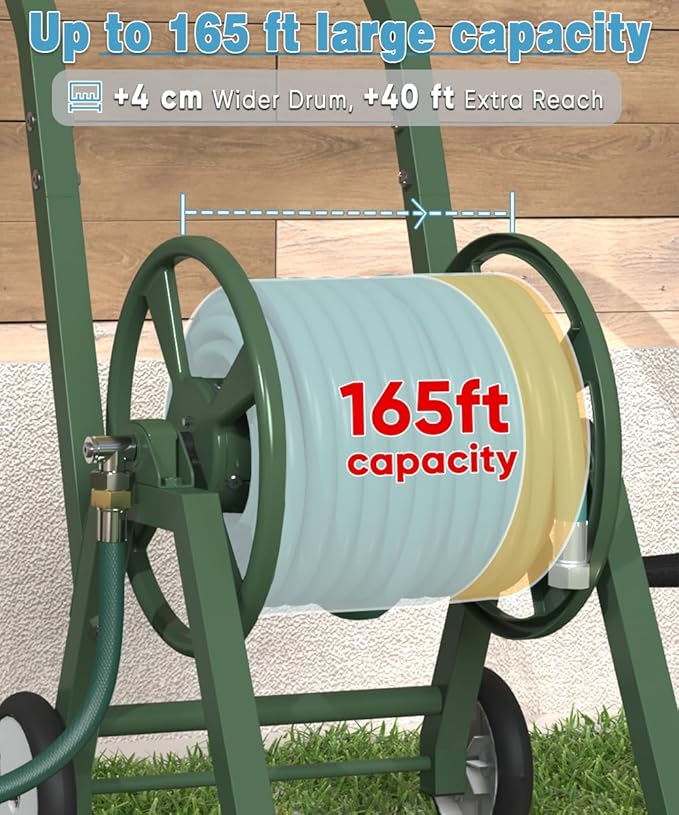 Artigarden Garden Hose Reel Cart with Wheels, Holds 165 ft of 5/8’’ Hose Outdoor Heavy Duty Powder-coated Steel Water Storage Winder Holder with 3.9 Ft Leader Hose for Outside Lawn Yard, Green
