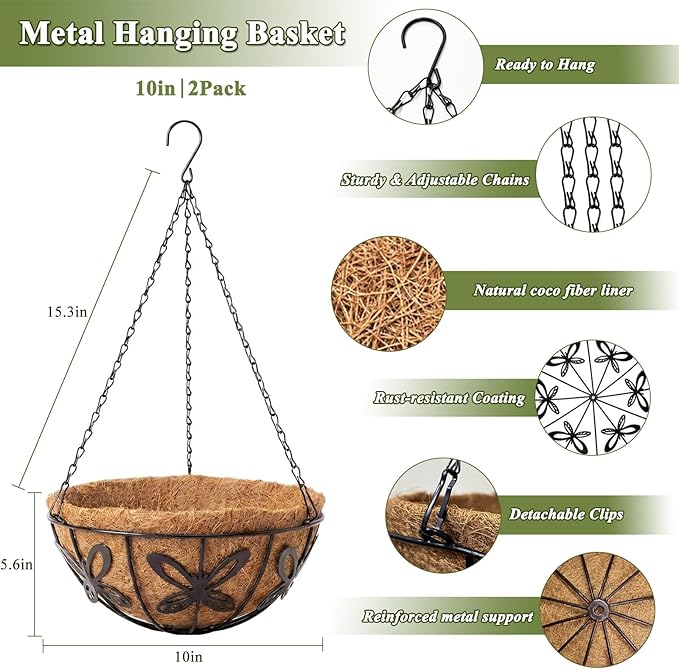 2 Pack Hanging Baskets for Plants Outdoor 10 Inch Butterfly Metal Hanging Planters with Coco Coir Liner, Round Hanging Flower Pots for Home Garden Patio Balcony Porch