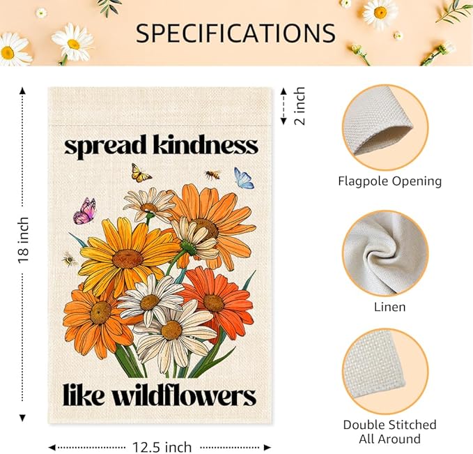 Spread Kindness Like Wildflowers Garden Flag, Double Sided Home Farmhouse Outdoor Decor Banner, Native Pollinator Friendly Gifts For Nature Lover, Funny Housewarming Gifts For Family Firend
