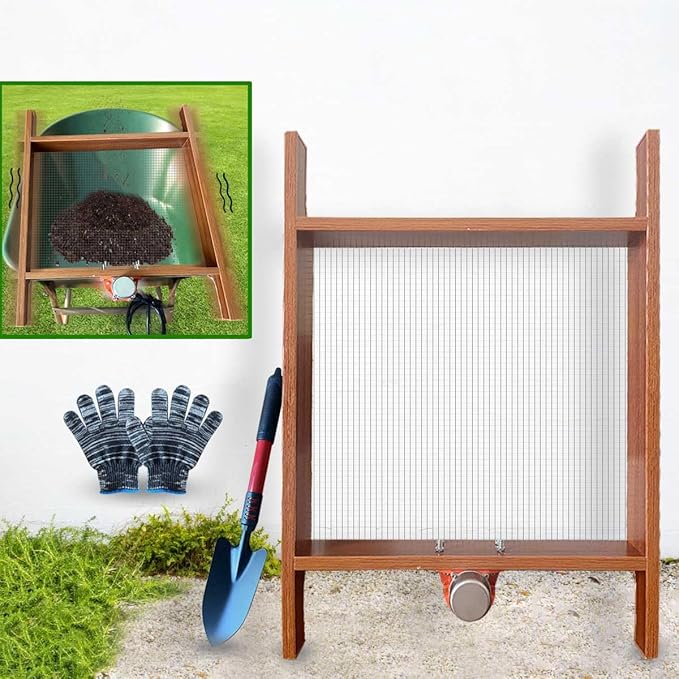 Large Soil Sifter with Vibration Motor, 29.5" x 20" Automatic Wooden Sifting Screen, Stainless Steel Mesh for Gardening, Sand Sifter for Use in Wheelbarrow, Compost Sifter