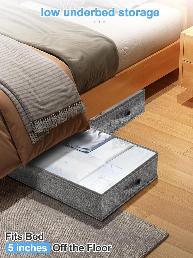 punemi 5 inch High Soft Fabric Low Profile Under Bed Storage, 2 Pack, Grey