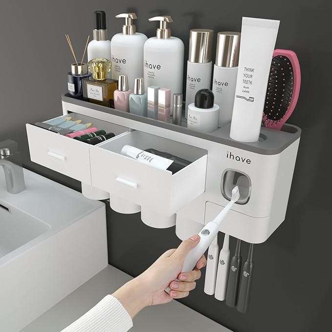 iHave Toothbrush Holders Wall Mounted with Toothpaste Dispenser & 4 Cups