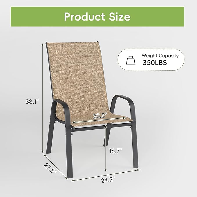Patio Chairs Set of 2, Outdoor Dining Chairs Stackable for All Weather, Breathable Metal Modern Outside Furniture Chair for Pool Side, Garden, Backyard Deck, Brown