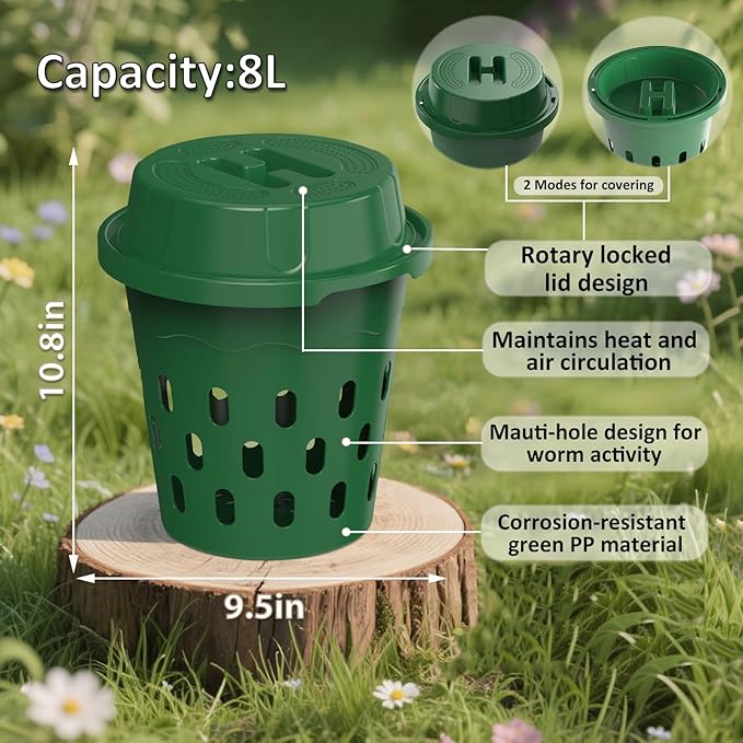 4-Pack InGround Compost Bin for Garden Beds, 8L Worm Composter Farm for Faster Composting, Worm Composter Kit with Aeration, Animal-Proof Lid for Beginners (9.5x9.5x10.8Inch) (4, Green)