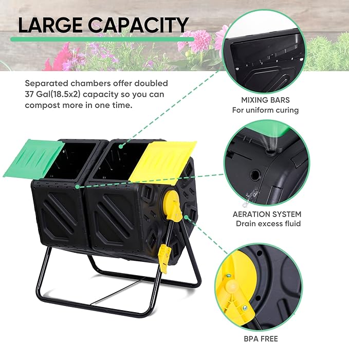 SUPER DEAL Outdoor Compost Bin, Garden Composter, Large Capacity BPA Free Material for Fast Creation of Fertile Soil, Easy to Assemble, Black (Black, 37 Gallon)