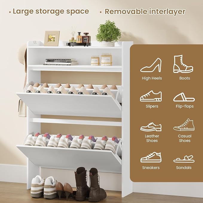Modern Shoe Cabinet with 2 Flip Drawers & Open Storage, 31.5" W White