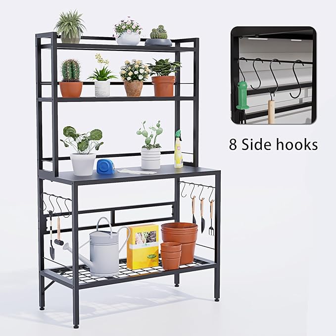 Outdoor Potting Bench Table with Storage, 63" Tall Metal Garden Workstation, 4-Tier Plant Stand Shelves with 8 Hooks, Heavy Duty All-Weather Potting Table for Patio, Backyard, Balcony, Black