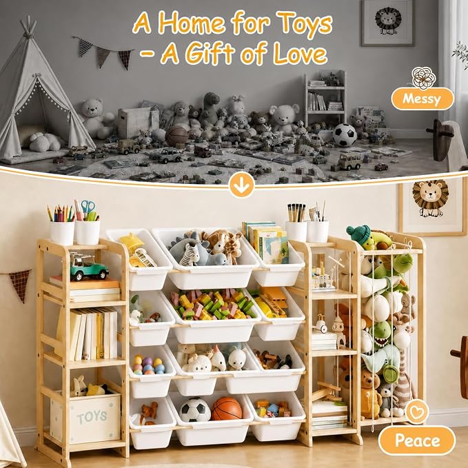 4-in-1 Toy Storage Organizer with 2 Bookshelf and Stuffed Animal Storage