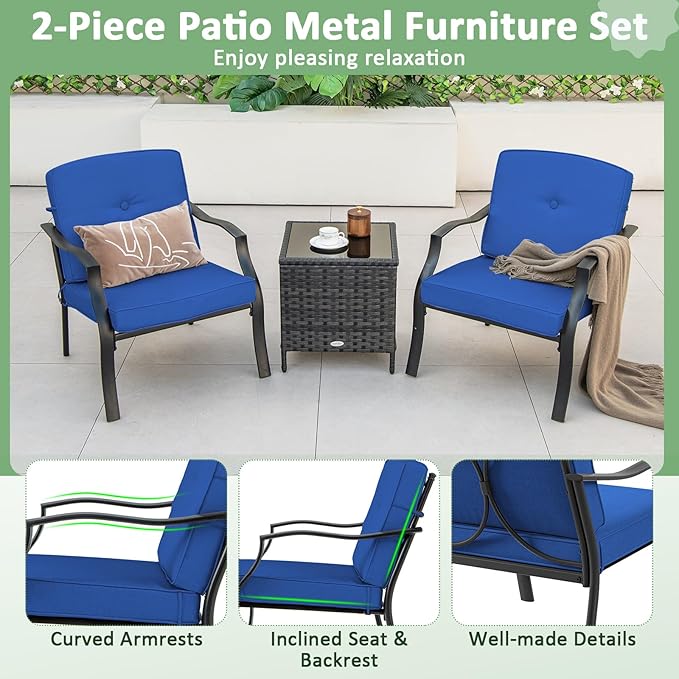 Tangkula Metal Patio Chairs Set of 4, Outdoor Dining Chairs with Seat & Back Cushions, Heavy-Duty Metal Frame, Ergonomic Patio Sofa Chair for Yard Garden Balcony Poolside (Blue)