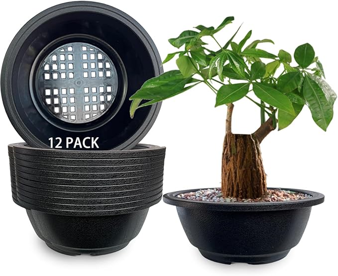 MUZHI 12 Pack Matte Finish Black Round Bonsai Bowl Planter Pot with Drainage, Plastic Garden Low Planter Pots 7.8"