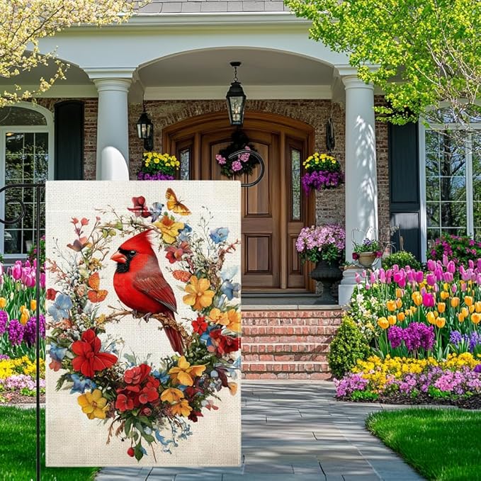 Red Bird Butterfly Flowers Garden Flag 12x18 Inch Double Sided Spring Summer Cardinal Colorful Floral Yard Outdoor Flag House Holiday Outside Decoration