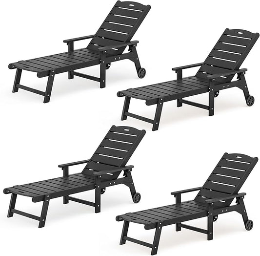 LUE BONA Outdoor Chaise Lounge Chairs Set of 4, HDPS Chaise Lounger, 5 Positions Adjustable Lounge Chairs, Pool Lounge Chair with Wheels for Poolside, Black