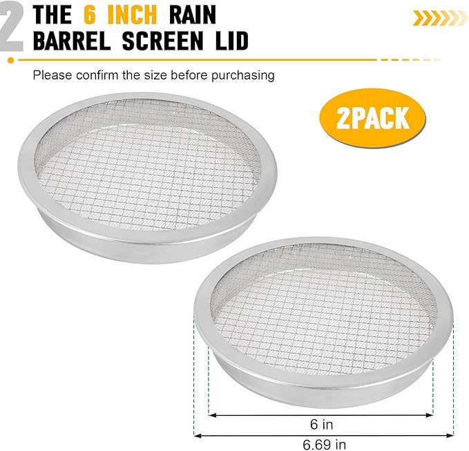 6 inch Rain Barrel Screen Filter, Rain Barrel Cover Vent for Rain Water Collection Barrel Diverter System, Mesh Screen Vent Cover, 2 Pcs