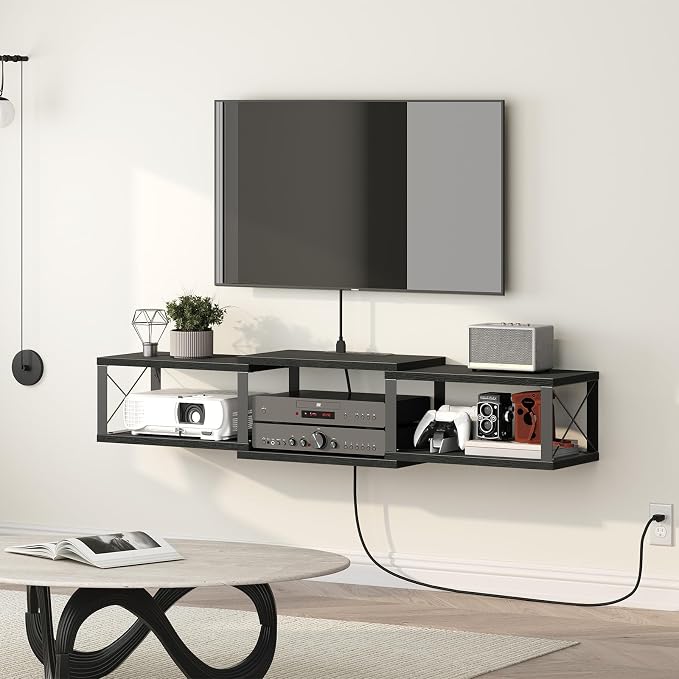 MAHANCRIS 43.7” Floating TV Stand with Power Outlet, Wall-Mounted Entertainment Center, Floating Metal Frame Media Console Shelf for Under TV Storage, for Living Room, Bedroom, Black TVHB101E01