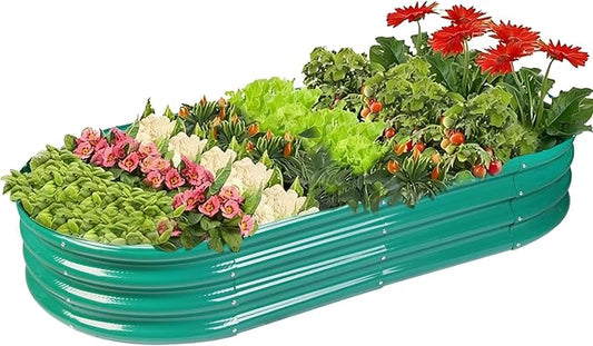 Rakukiri Raised Garden Bed GRS Certified Galvanized Planter Box Outdoor, 8ft Oval Rot-Resistant Metal Garden Bed Planter, Recycled Material Planter for Vegetables Flowers Herbs (Green)