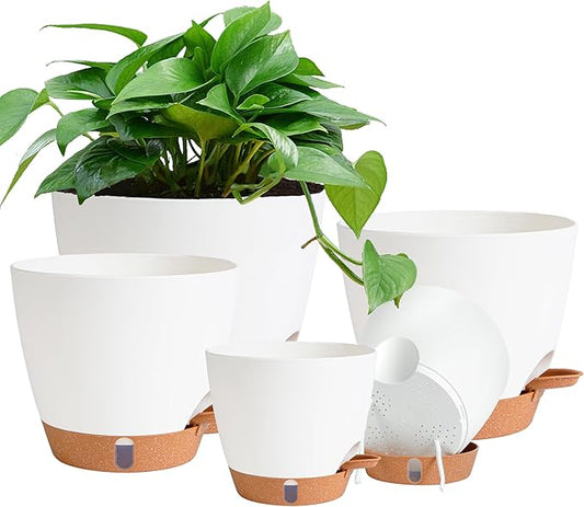 Self Watering Pots for Inoor Ourdoor Plants 8/7/6.5/6/5 Inch Plastic Planters with Drainage Holes & Water Level Indicator, Decorative House Flower Nursery Planting Pots with Saucers (White)