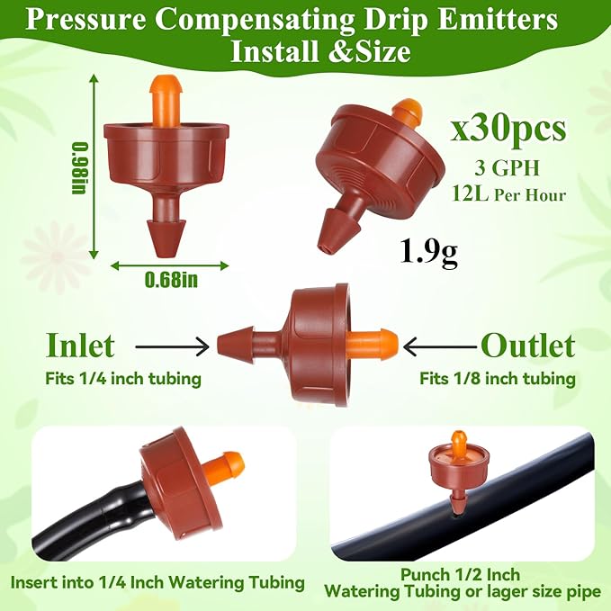 30Pcs 3 GPH Pressure Compensating Irrigation Drippers, Watering Spot GPH Dripper Drip Emitters Heads Constant Flow Outlet Heads for 1/4 Inch Irrigation Tubing for Garden Irrigation System