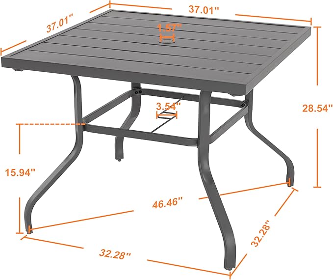 NUU GARDEN 37" Outdoor Patio Table, Square Steel Slat Dining Table for 4 with 1.57" Umbrella Hole, Powder-Coated Iron Frame and Slatted Top for Patio, Garden and Balcony, Gray